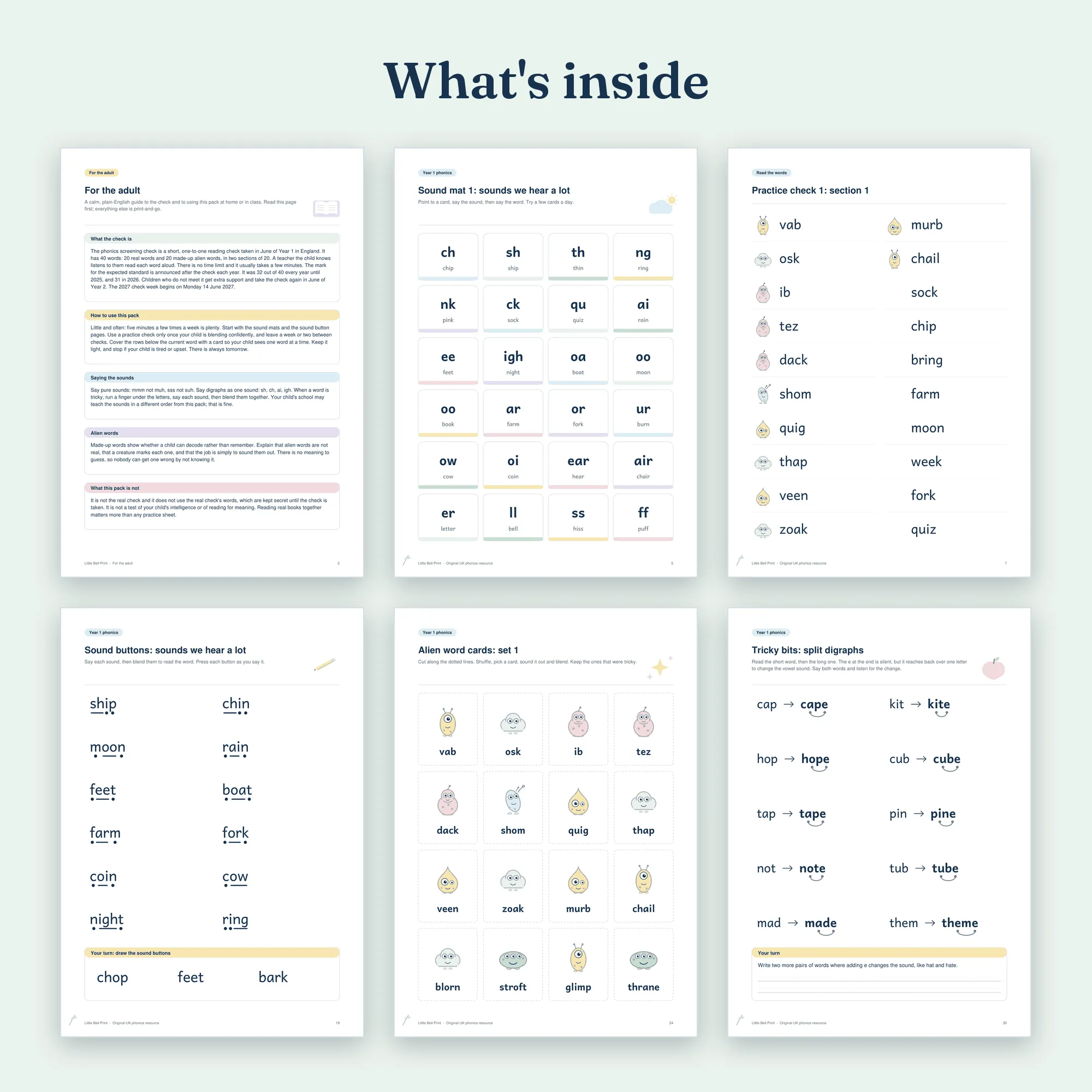 Year 1 Phonics Screening Check Practice Pack, what's inside: six sample pages