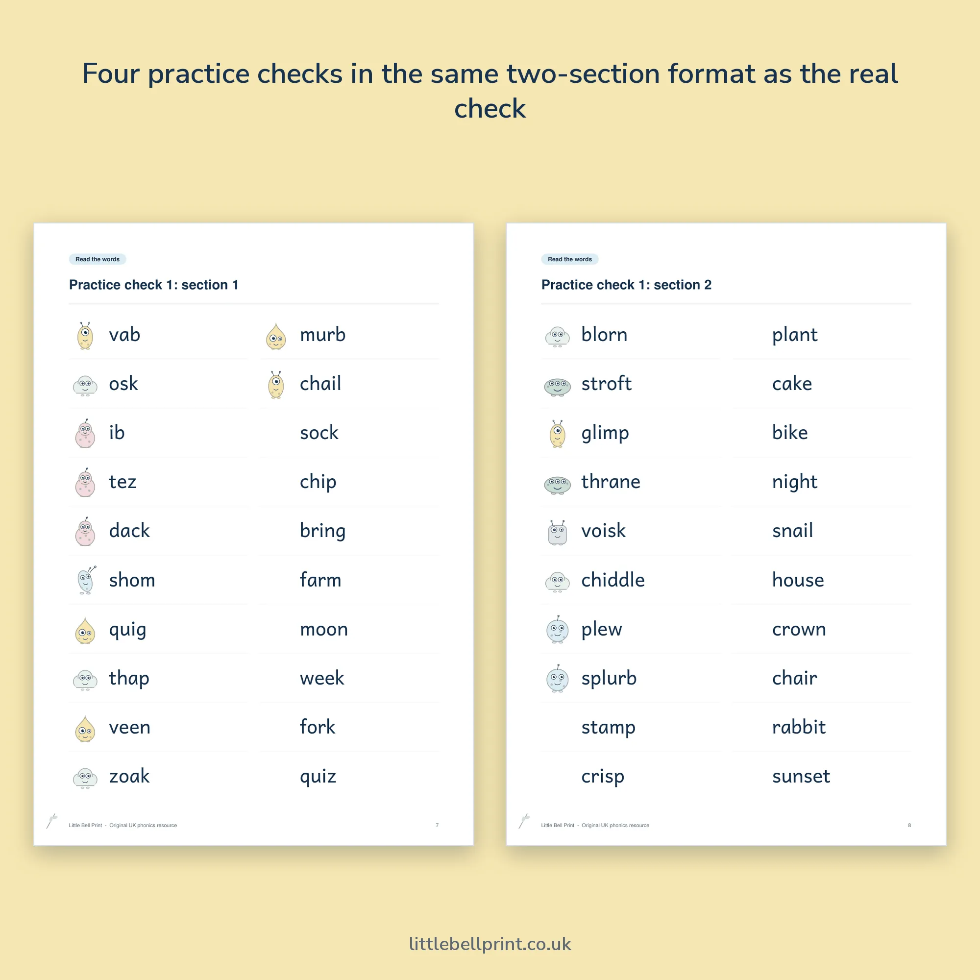 Year 1 Phonics Screening Check Practice Pack, pages 7 and 8: practice check 1 with alien words