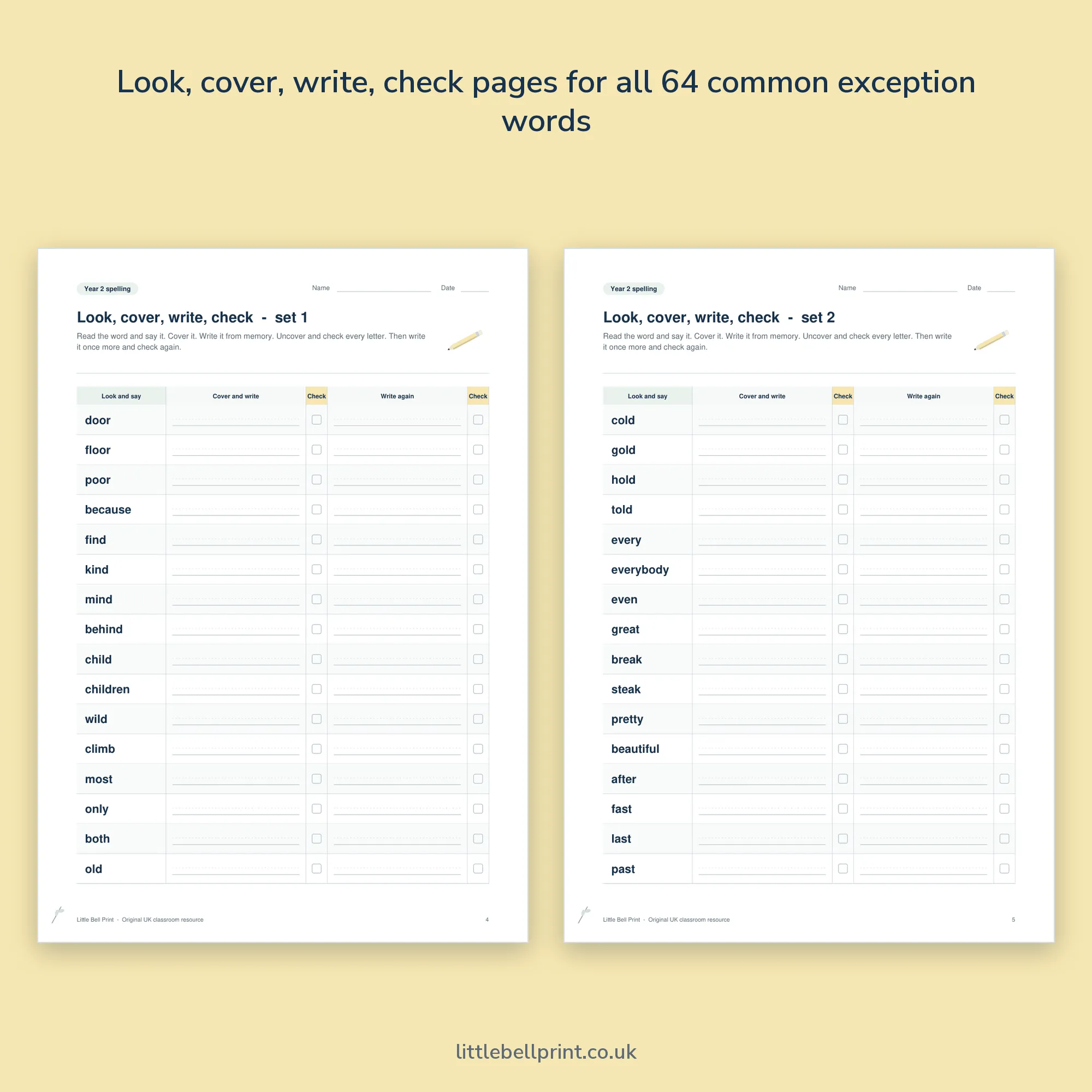 Year 2 Spelling Practice Pack, pages 4 and 5: look, cover, write, check sheets for the common exception words