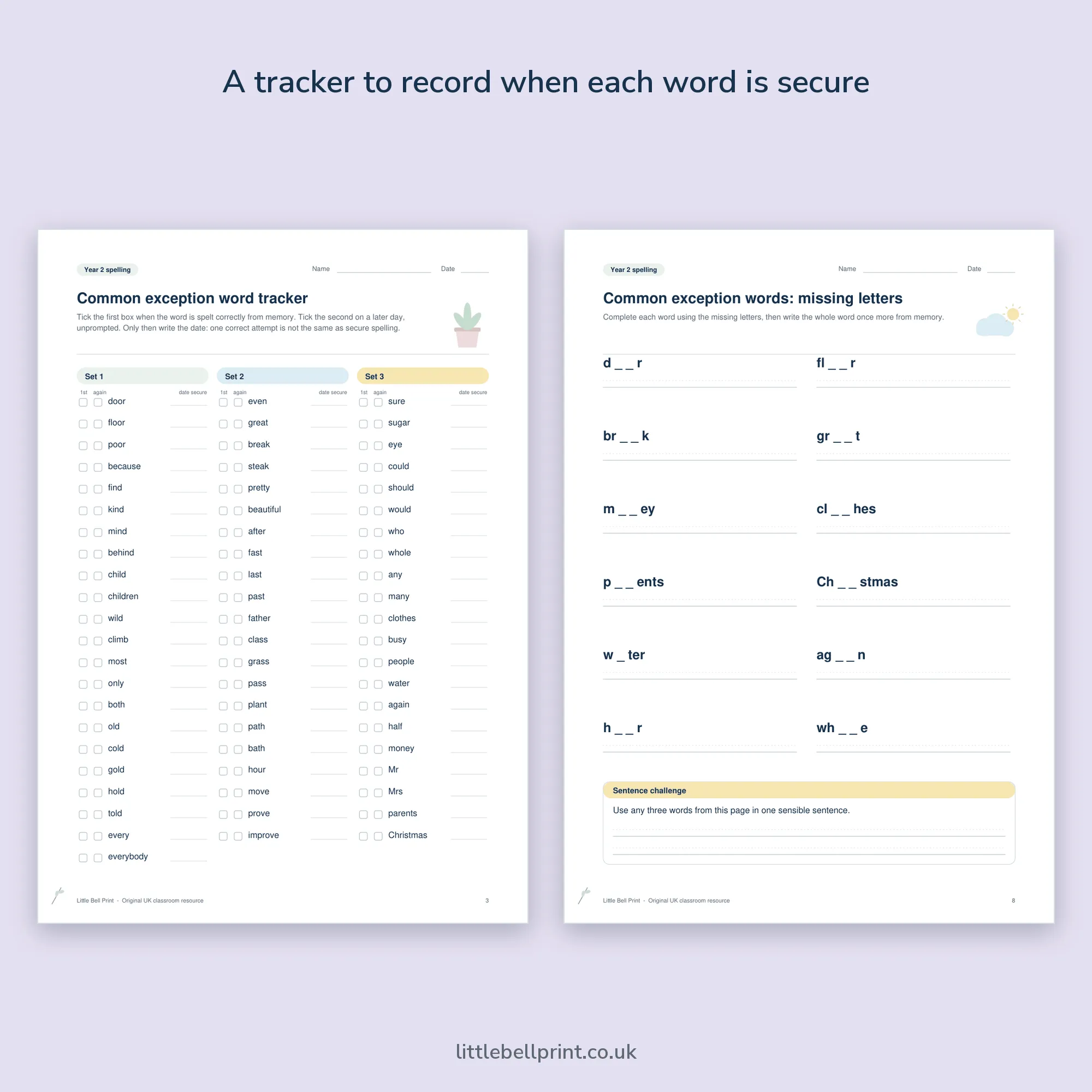 Year 2 Spelling Practice Pack, pages 3 and 8: the exception word tracker and a missing letters page