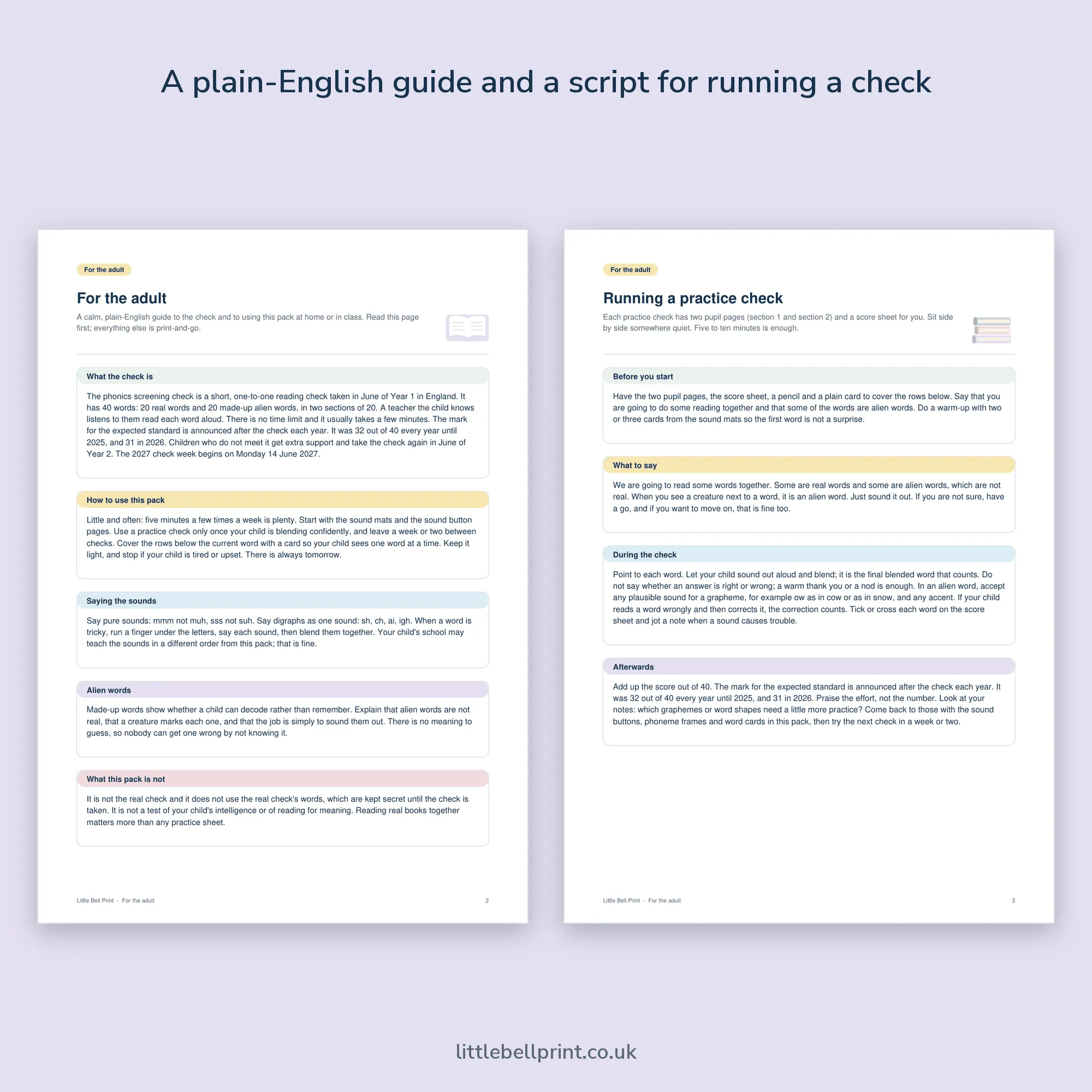 Year 1 Phonics Screening Check Practice Pack, pages 2 and 3: the adult guide and the script for running a check