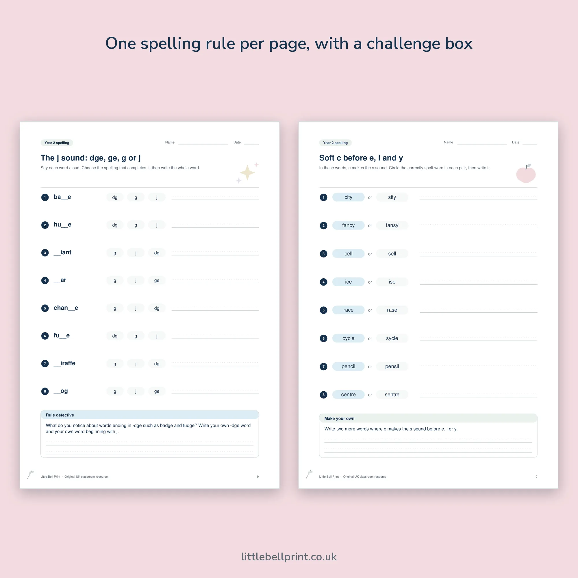 Year 2 Spelling Practice Pack, pages 9 and 10: the j sound and soft c activity pages
