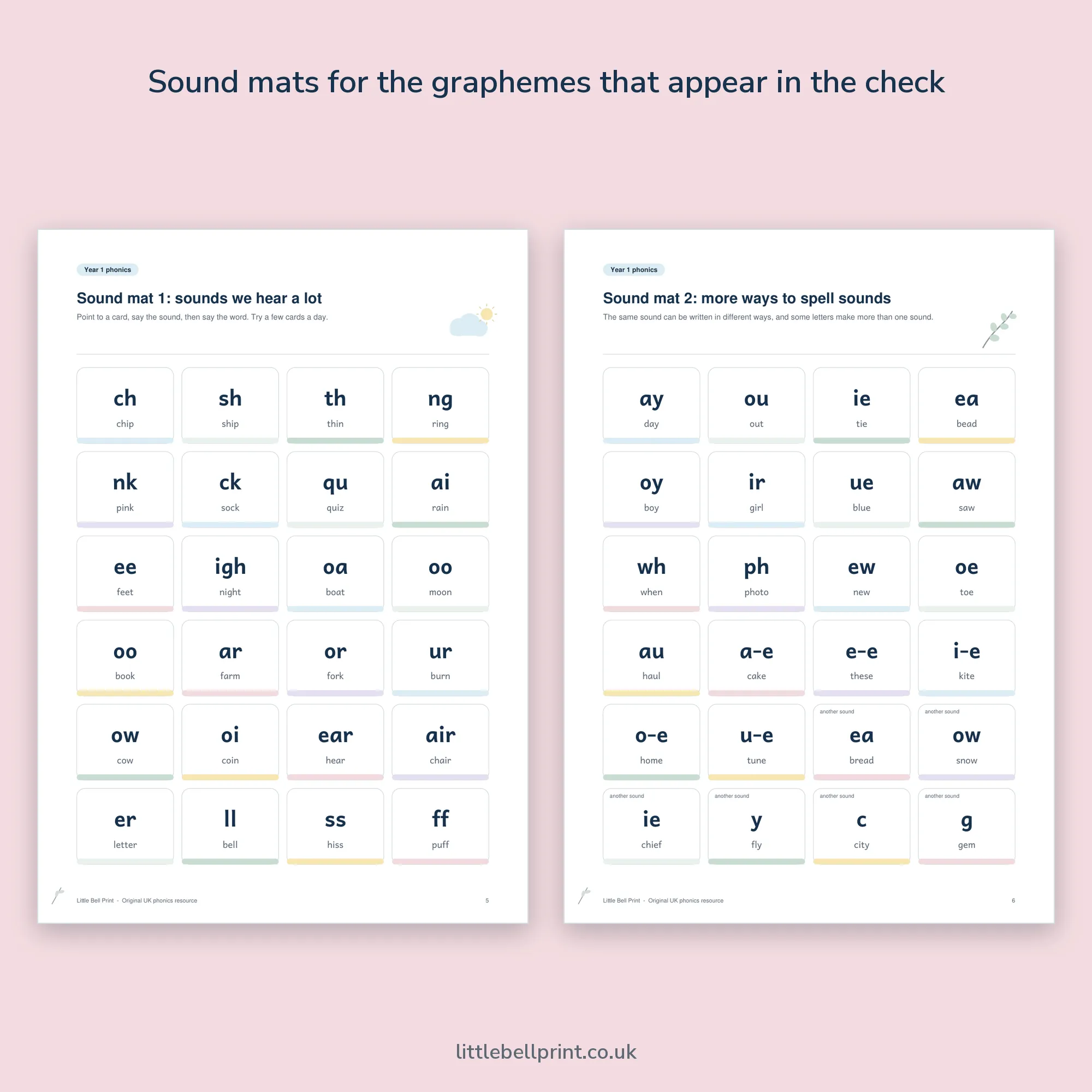 Year 1 Phonics Screening Check Practice Pack, pages 5 and 6: sound mats