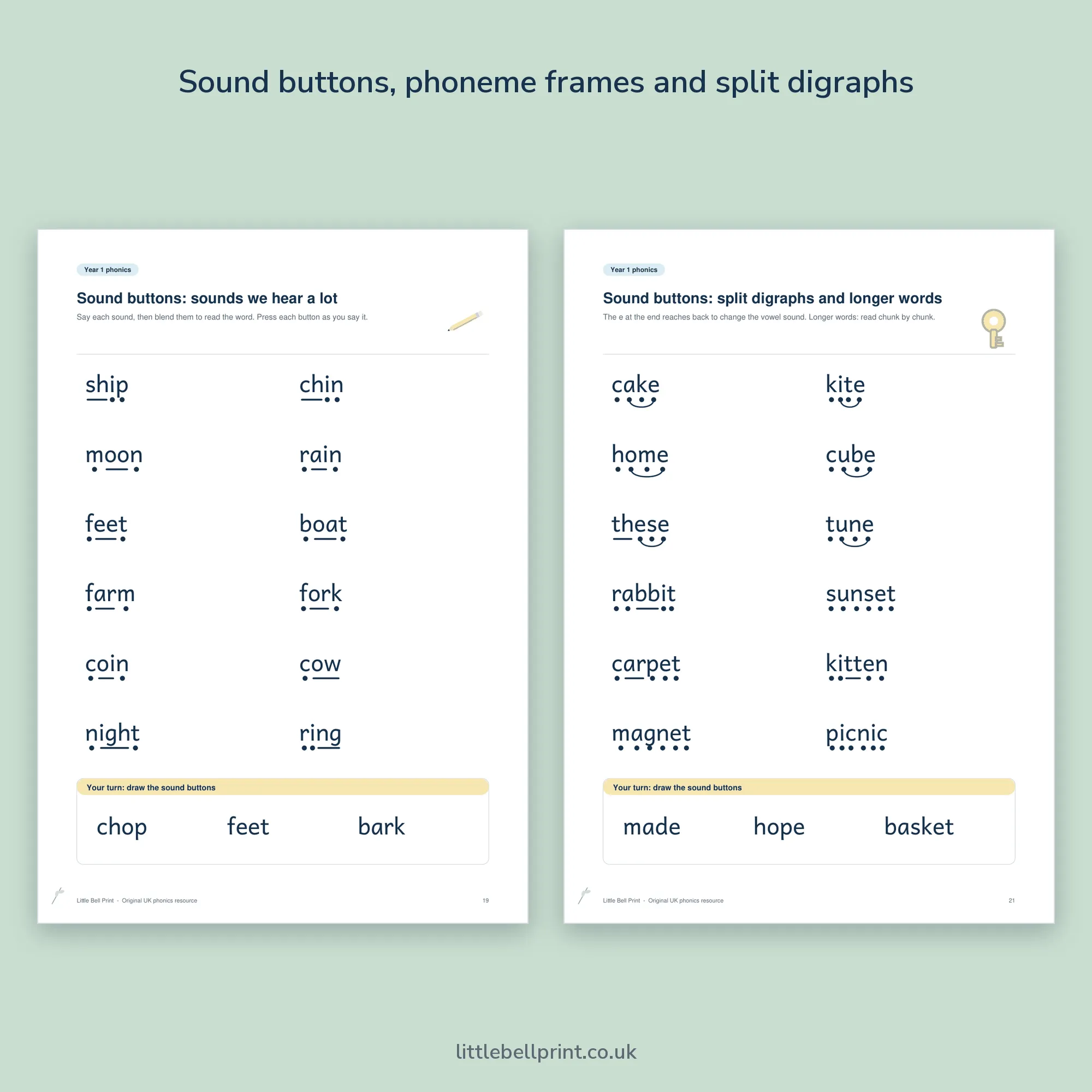 Year 1 Phonics Screening Check Practice Pack, pages 19 and 21: sound buttons and split digraphs