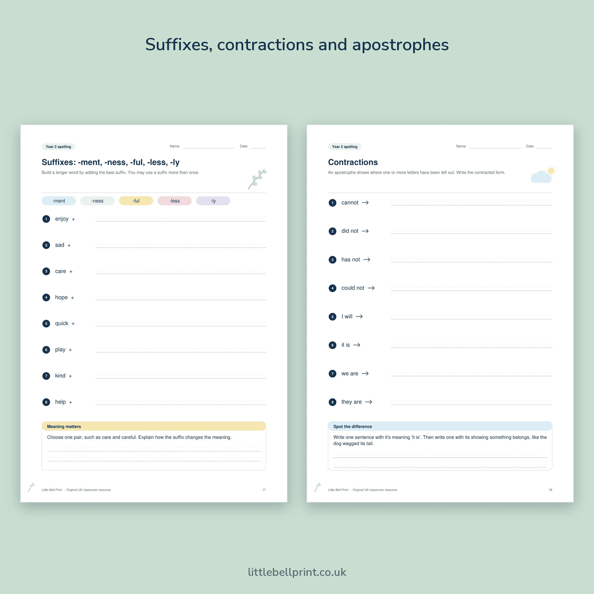 Year 2 Spelling Practice Pack, pages 17 and 18: suffixes and contractions