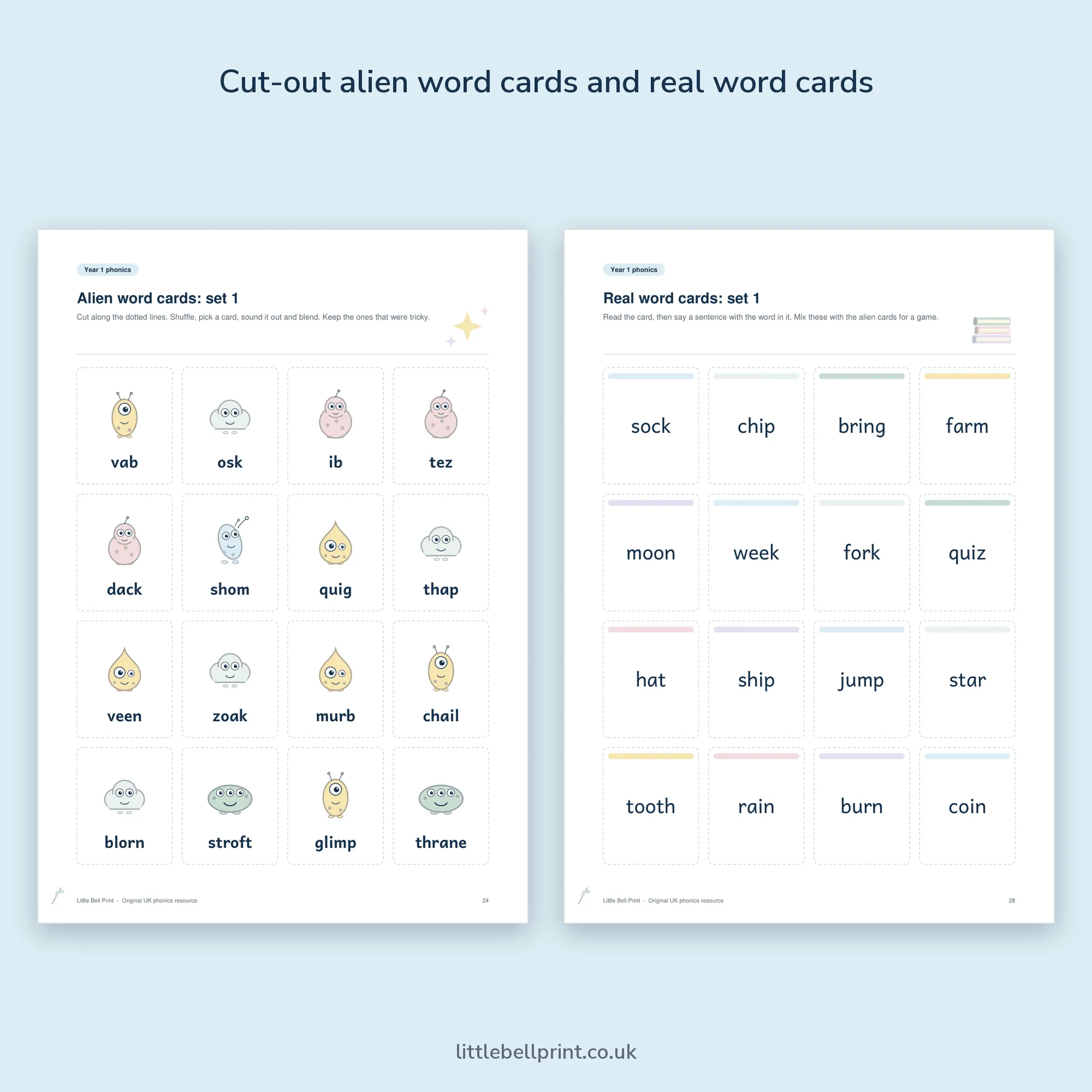 Year 1 Phonics Screening Check Practice Pack, pages 24 and 28: alien word cards and real word cards