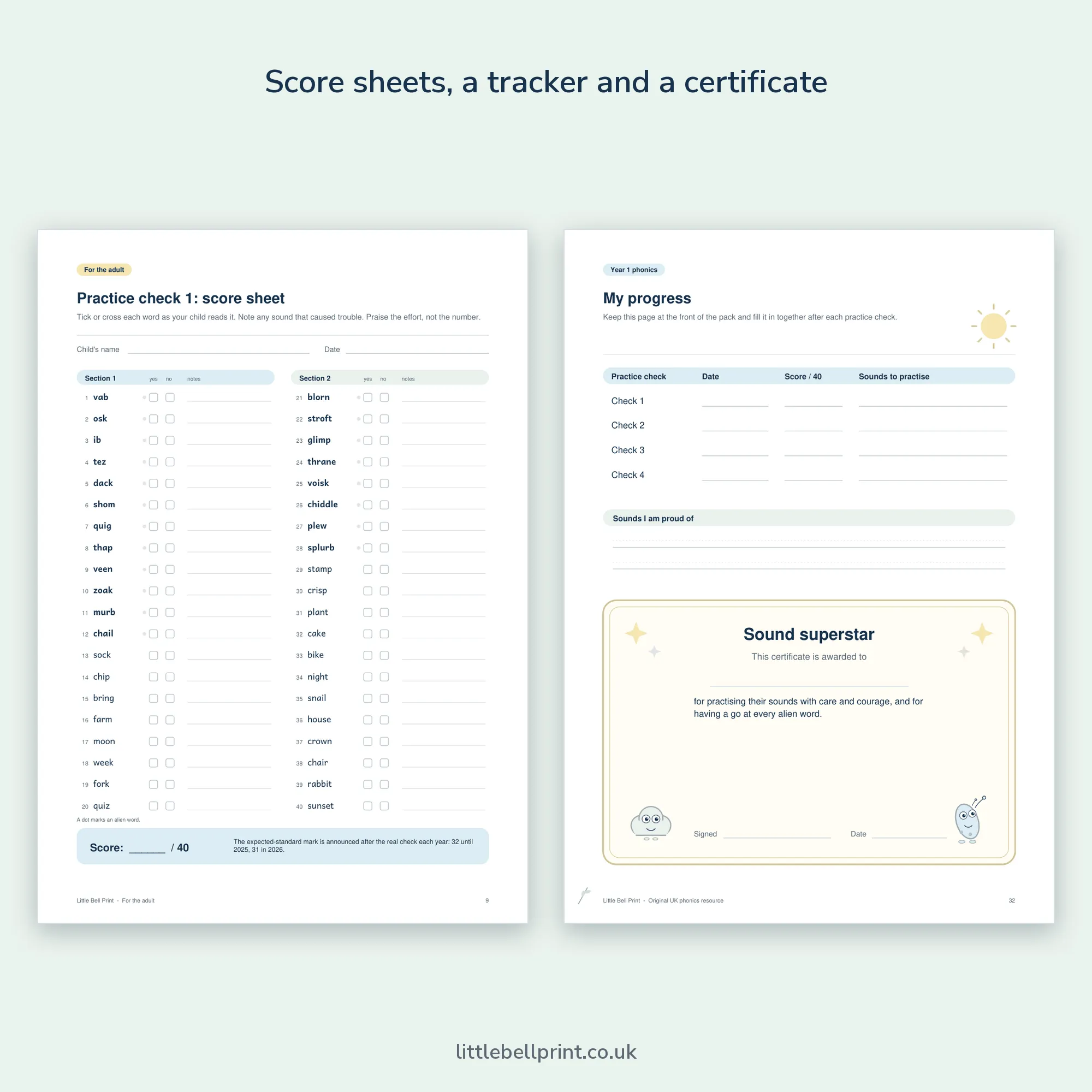 Year 1 Phonics Screening Check Practice Pack, pages 9 and 32: a score sheet and the certificate