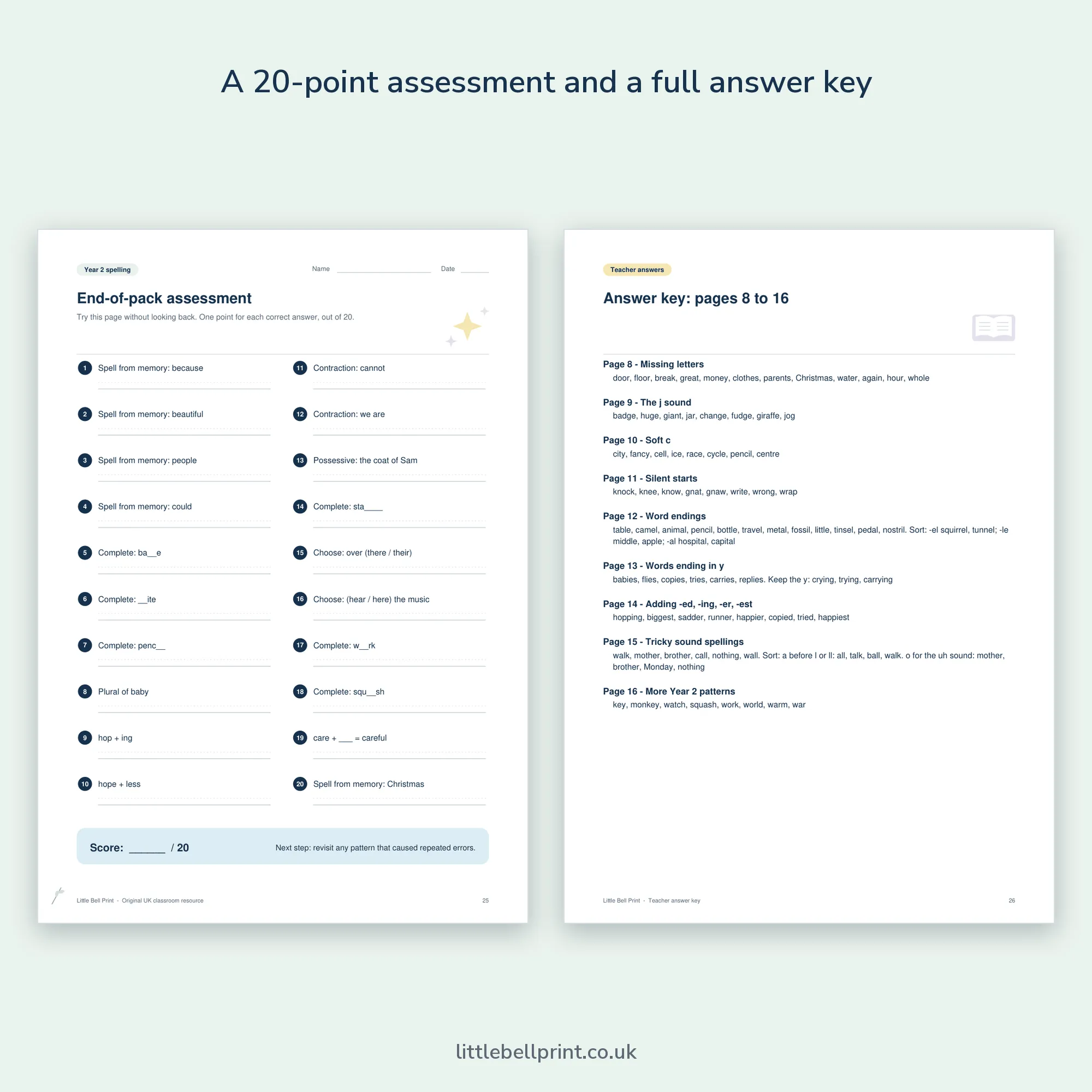 Year 2 Spelling Practice Pack, pages 25 and 26: the end-of-pack assessment and answer key